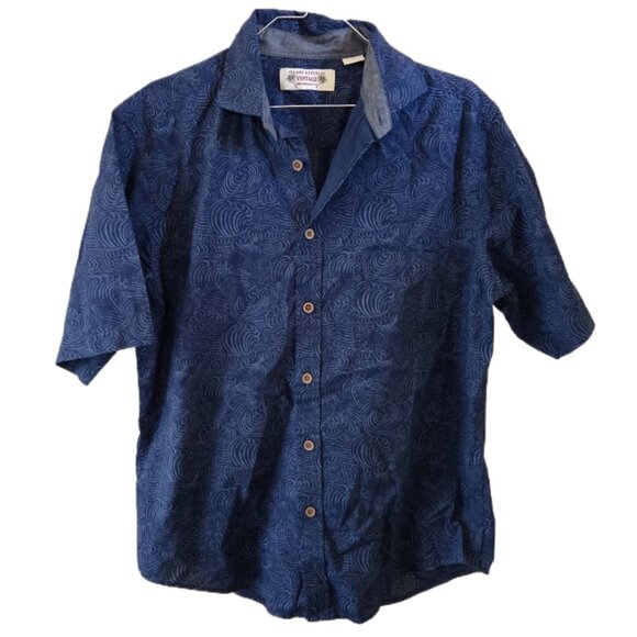 Island Republic Vintage Men's Dark Blue Print Short Sleeve Button Down Shirt - Picture 1 of 3